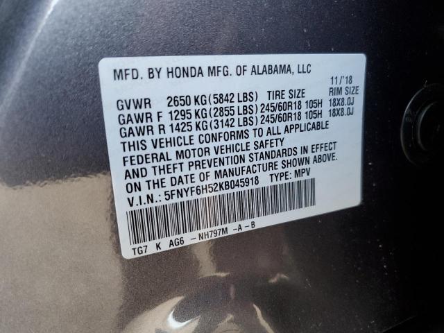 5FNYF6H52KB045918 - 2019 HONDA PILOT EXL CHARCOAL photo 14