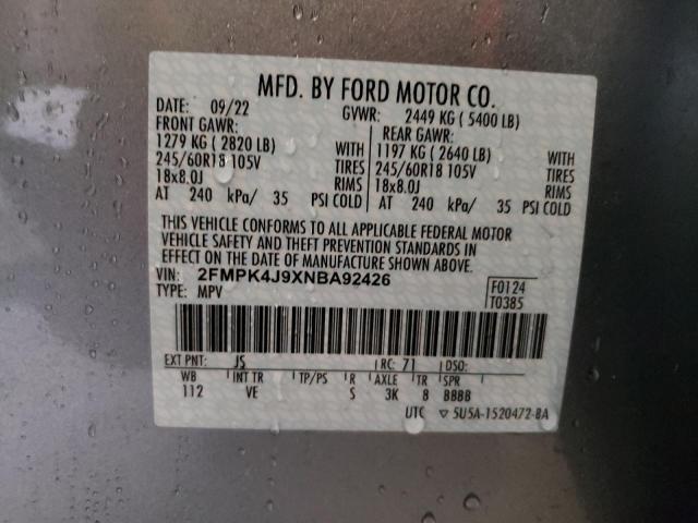 2FMPK4J9XNBA92426 - 2022 FORD EDGE SEL SILVER photo 13