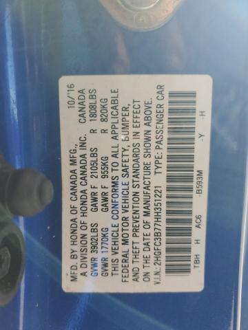2HGFC3B77HH351221 - 2017 HONDA CIVIC EXL BLUE photo 13