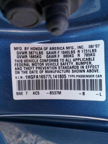 1HGFA16577L141805 - 2007 HONDA CIVIC LX BLUE photo 12