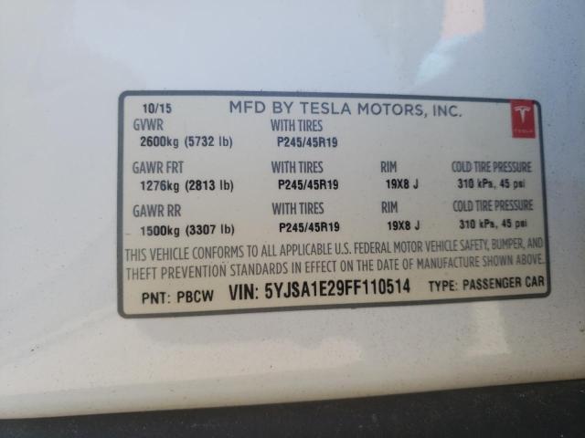 5YJSA1E29FF110514 - 2015 TESLA MODEL S 白色 照片 13