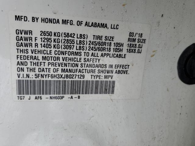 5FNYF6H3XJB027129 - 2018 HONDA PILOT EX WHITE photo 13