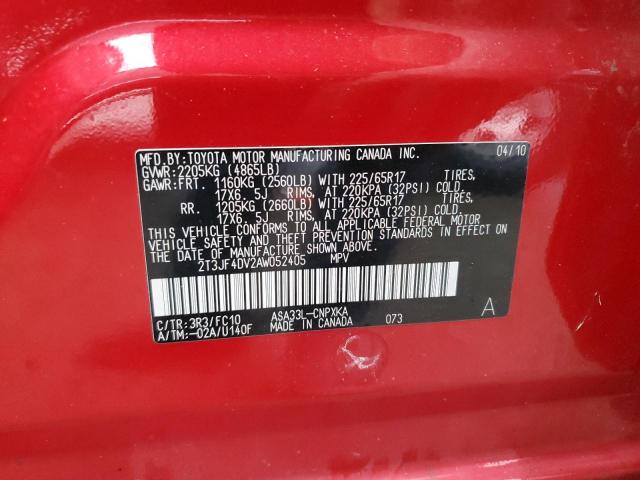 2T3JF4DV2AW052405 - 2010 TOYOTA RAV4 RED photo 12