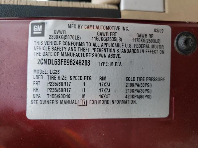 2CNDL63F896248203 - 2009 CHEVROLET EQUINOX LT MAROON photo 13