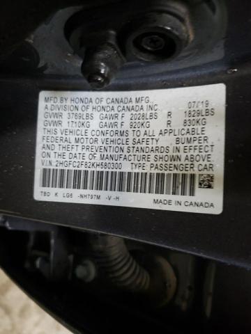 2HGFC2F82KH580300 - 2019 HONDA CIVIC SPORT 灰色 照片 12