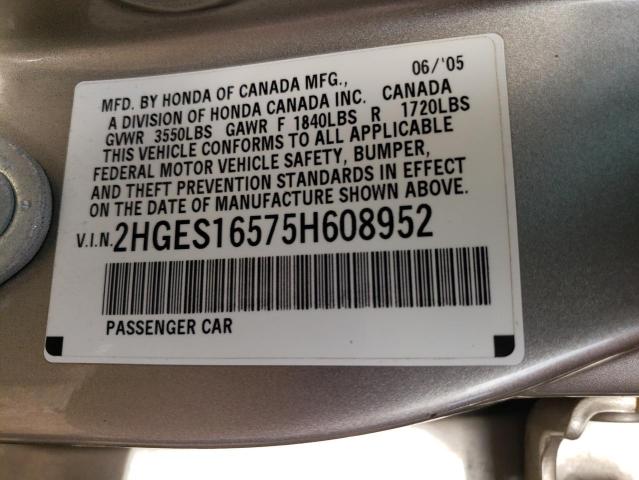 2HGES16575H608952 - 2005 HONDA CIVIC LX SILVER photo 11