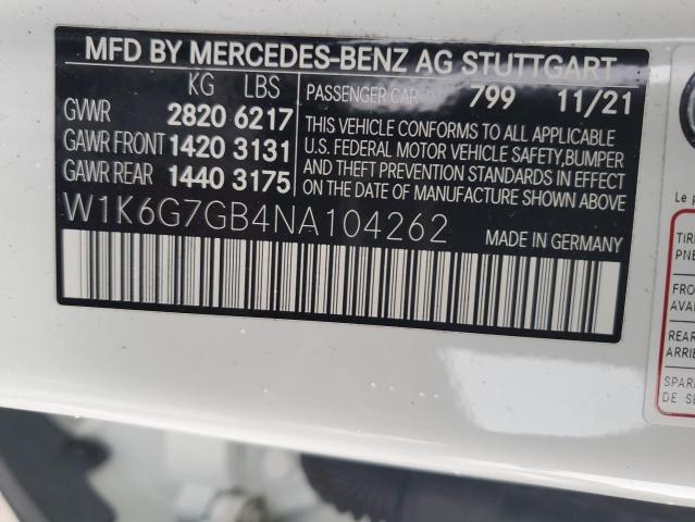 W1K6G7GB4NA104262 - 2022 MERCEDES-BENZ S 580 4MATIC WHITE photo 12