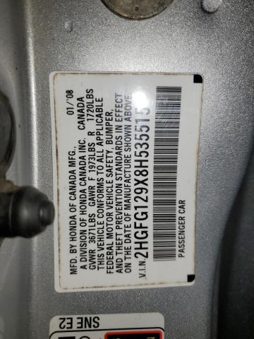 2HGFG129X8H535515 - 2008 HONDA CIVIC EXL ვერცხლისფერი ფოტო 12