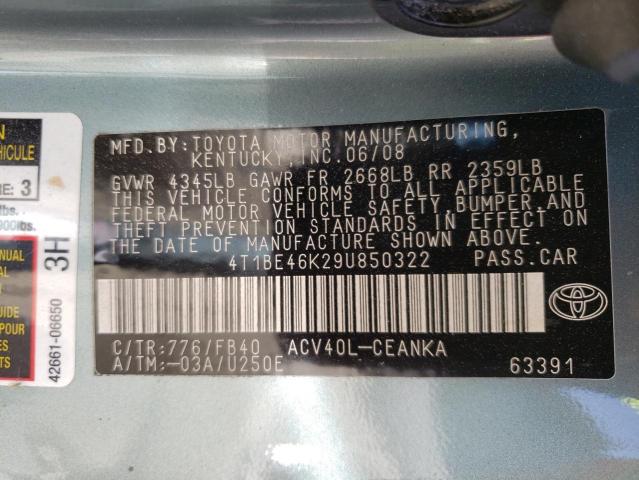 4T1BE46K29U850322 - 2009 TOYOTA CAMRY BASE ტურკოუსი ფოტო 12