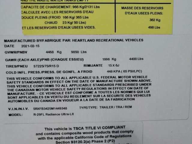 5RXFB3425M1449348 - 2021 HEARTLAND RADIANCE WHITE photo 10