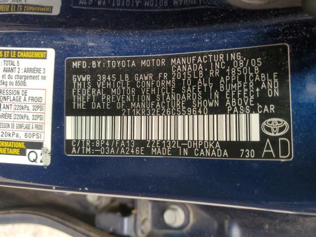 2T1KR32E26C559640 - 2006 TOYOTA COROLLA MA XR BLUE photo 13