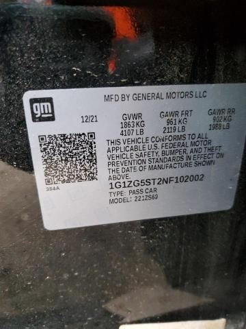 1G1ZG5ST2NF102002 - 2022 CHEVROLET MALIBU RS შავი ფოტო 12