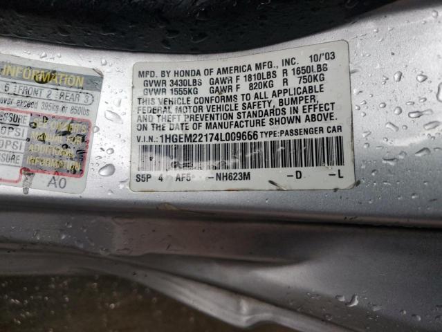 1HGEM22174L009666 - 2004 HONDA CIVIC DX VP Արծաթագույն լուսանկար 12