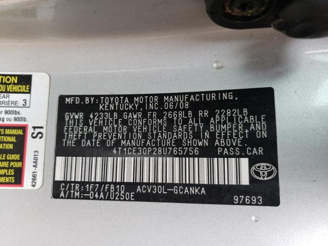 4T1CE30P28U765756 - 2008 TOYOTA CAMRY SOLA SE SILVER photo 12