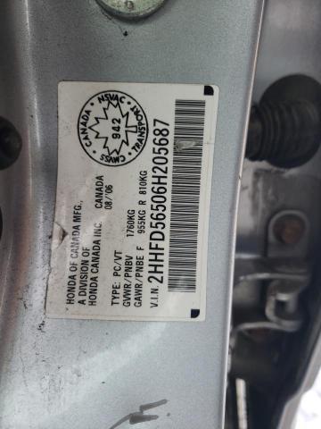2HHFD56506H205687 - 2006 ACURA CSX TOURING SILVER photo 12