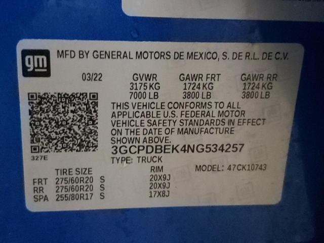 3GCPDBEK4NG534257 - 2022 CHEVROLET SILVERADO K1500 CUSTOM BLUE photo 12