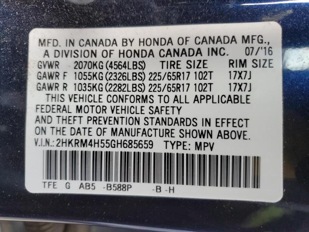 2HKRM4H55GH685659 - 2016 HONDA CR-V EX BLUE photo 12