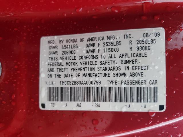 1HGCS2B80AA000759 - 2010 HONDA ACCORD EXL RED photo 12