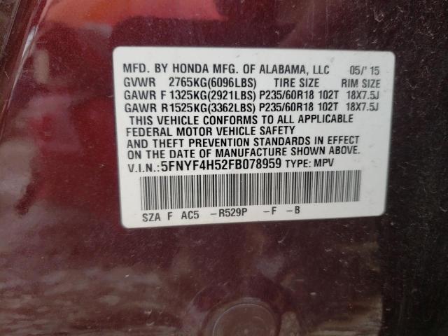 5FNYF4H52FB078959 - 2015 HONDA PILOT EXL MAROON photo 13