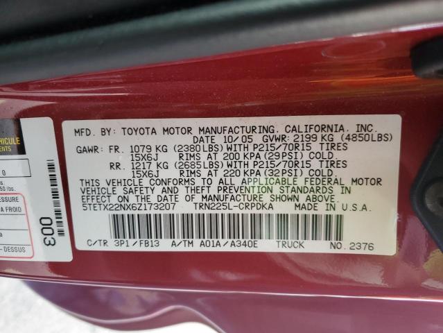 5TETX22NX6Z173207 - 2006 TOYOTA TACOMA ACCESS CAB RED photo 12