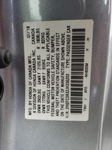 2HGFC3A32JH356203 - 2018 HONDA CIVIC EX SILVER photo 12