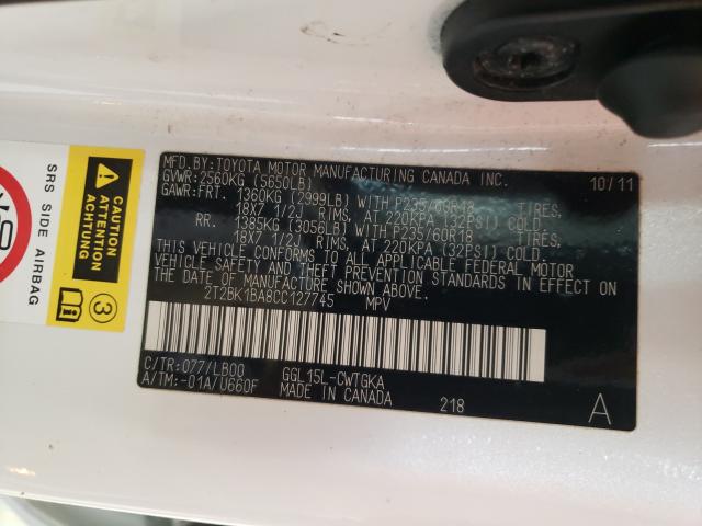 2T2BK1BA8CC127745 - 2012 LEXUS RX 350 WHITE photo 10