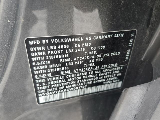 WVGAV7AX0CW081797 - 2012 VOLKSWAGEN TIGUAN S GRAY photo 13