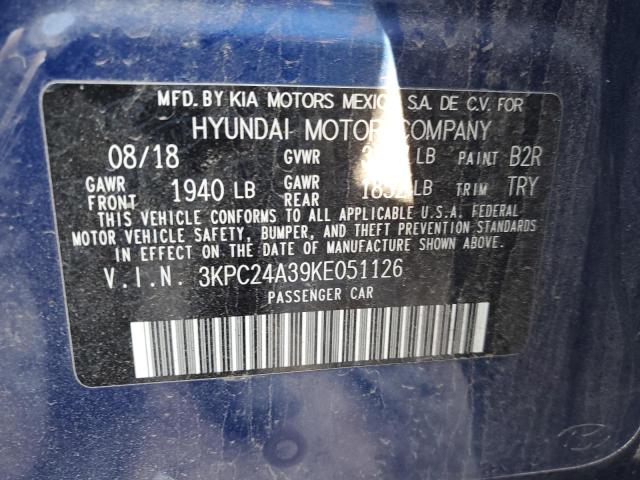 3KPC24A39KE051126 - 2019 HYUNDAI ACCENT SE BLUE photo 12