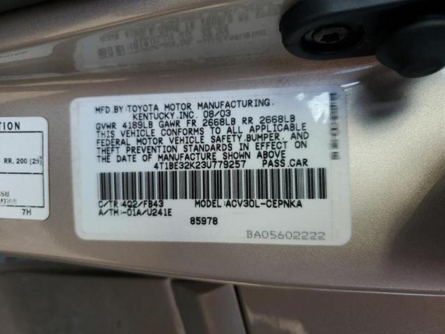4T1BE32K23U779257 - 2003 TOYOTA CAMRY LE BROWN photo 12