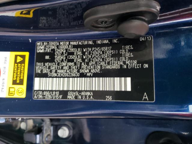 5TDBK3EH2DS226630 - 2013 TOYOTA HIGHLANDER BASE Bleu photo 13