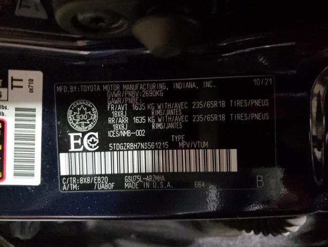 5TDGZRBH7NS561215 - 2022 TOYOTA HIGHLANDER XLE 蓝色 照片 13