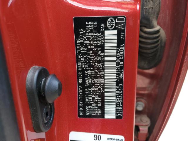 2T1BURHE8GC721488 - 2016 TOYOTA COROLLA L RED photo 12