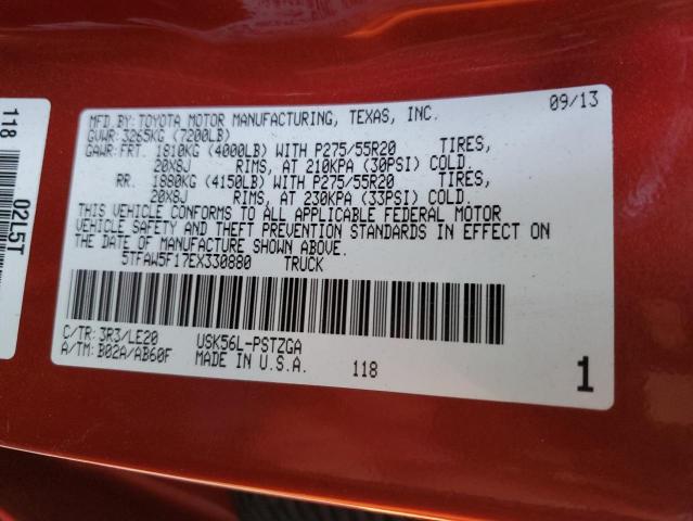5TFAW5F17EX330880 - 2014 TOYOTA TUNDRA CREWMAX PLATINUM 红色 照片 12