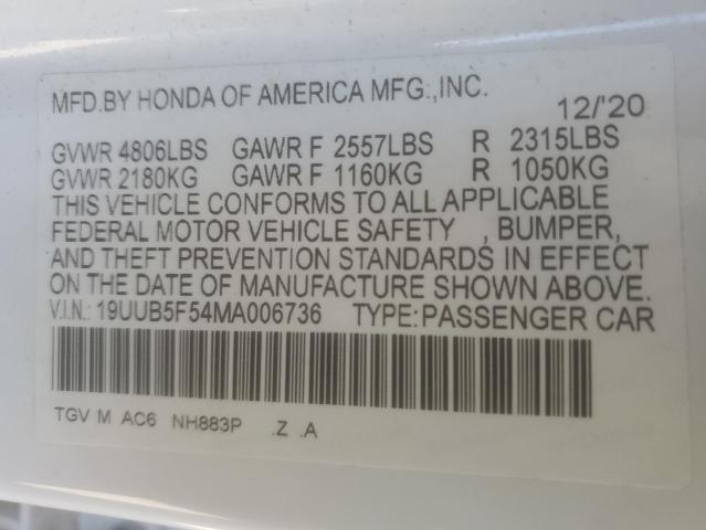 19UUB5F54MA006736 - 2021 ACURA TLX TECH A WHITE photo 12