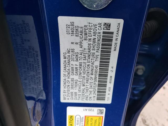 2HGFE2F58NH598045 - 2022 HONDA CIVIC SPORT BLUE photo 12