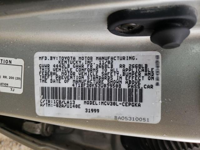 4T1BF30K53U039508 - 2003 TOYOTA CAMRY LE SILVER photo 12