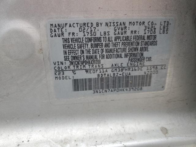 3N1CN7AP0HK439208 - 2017 NISSAN VERSA S SILVER photo 12