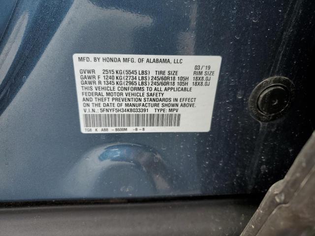 5FNYF5H34KB033391 - 2019 HONDA PILOT EX TEAL photo 13