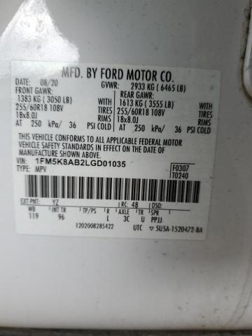 1FM5K8AB2LGD01035 - 2020 FORD EXPLORER POLICE INTERCEPTOR Սպիտակ լուսանկար 12