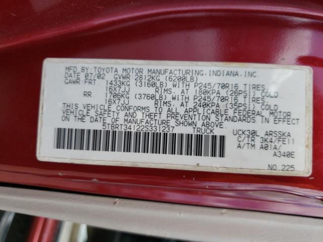 5TBRT34122S331237 - 2002 TOYOTA TUNDRA ACCESS CAB 红色 照片 13