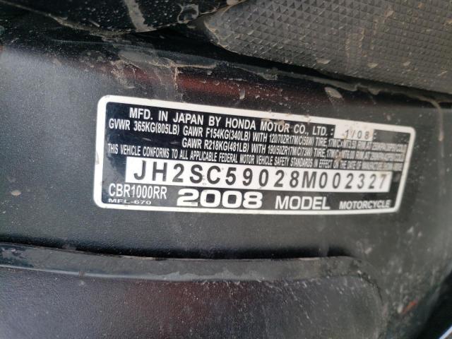 JH2SC59028M002327 - 2008 HONDA CBR1000 RR BLACK photo 10