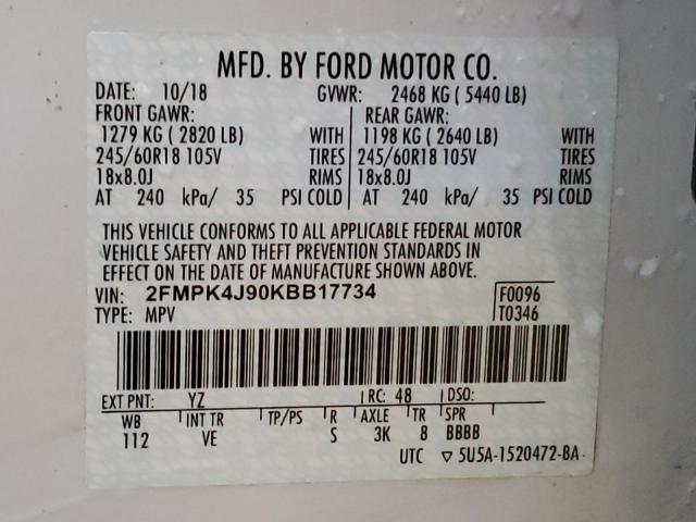 2FMPK4J90KBB17734 - 2019 FORD EDGE SEL WHITE photo 13