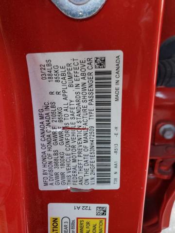 2HGFE1E53NH472509 - 2022 HONDA CIVIC SI RED photo 12