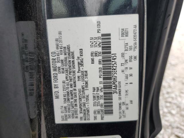 3FA6P0H75ER257451 - 2014 FORD FUSION SE BLACK photo 12