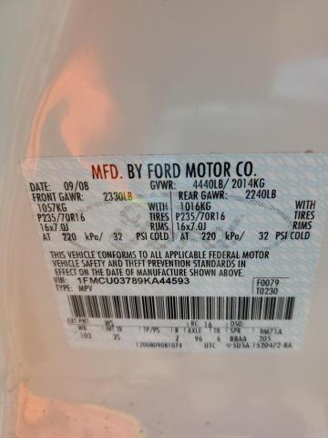 1FMCU03789KA44593 - 2009 FORD ESCAPE XLT WHITE photo 13