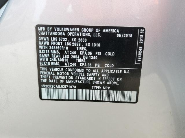 1V2CR2CA8JC571673 - 2018 VOLKSWAGEN ATLAS SE SILVER photo 14