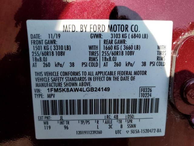 1FM5K8AW4LGB24149 - 2020 FORD EXPLORER POLICE INTERCEPTOR BURGUNDY photo 12