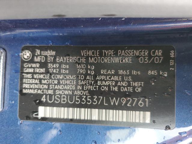 4USBU53537LW92761 - 2007 BMW Z4 3.0SI BLUE photo 12