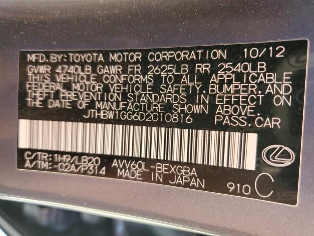 JTHBW1GG6D2010816 - 2013 LEXUS ES 300H GRAY photo 12