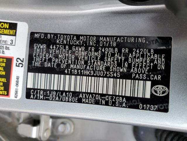 4T1B11HK9JU075545 - 2018 TOYOTA CAMRY L SILVER photo 12